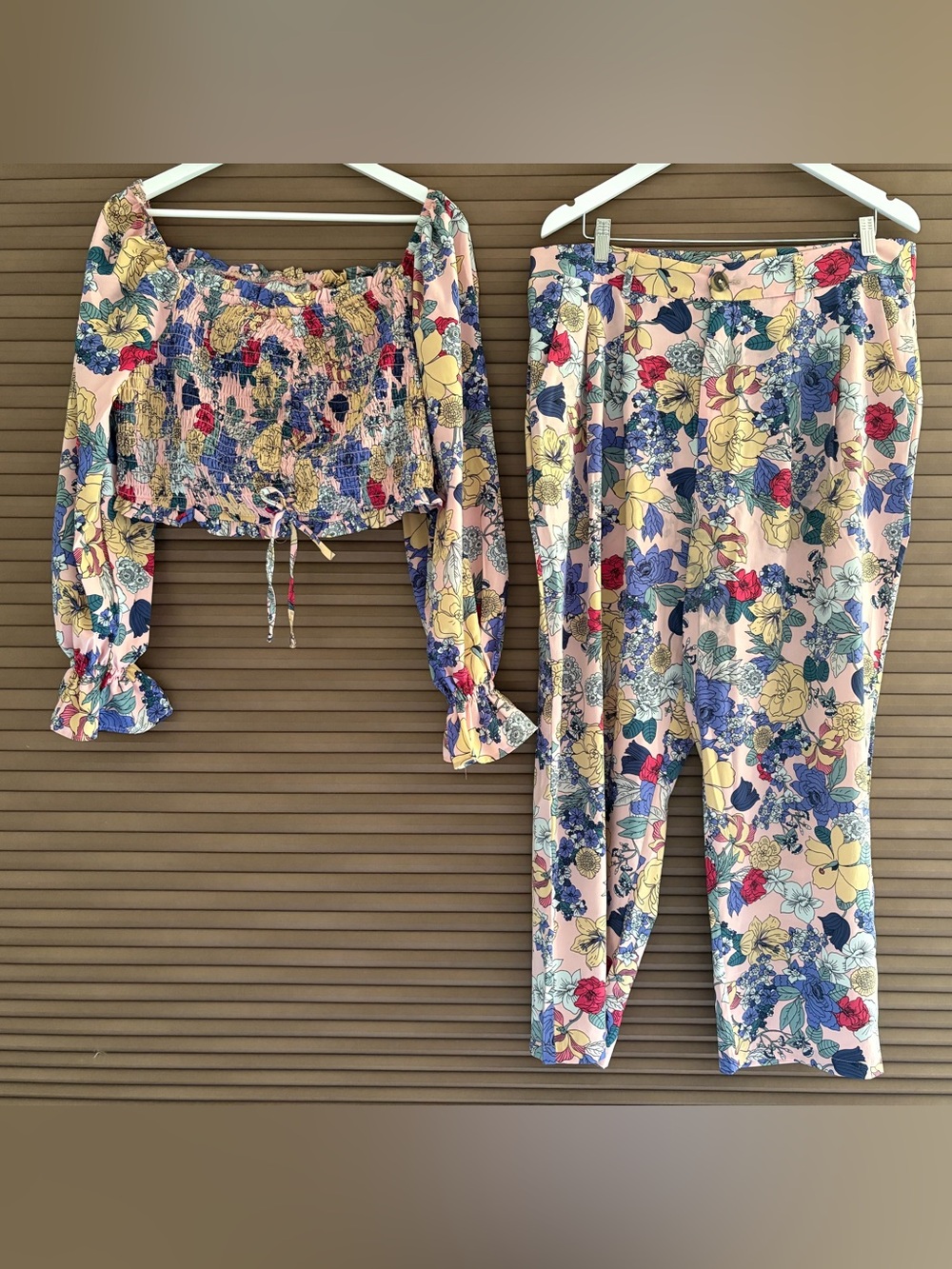 SHEIN Pink Multi Floral Smocked Crop Top & Ankle Pants Set